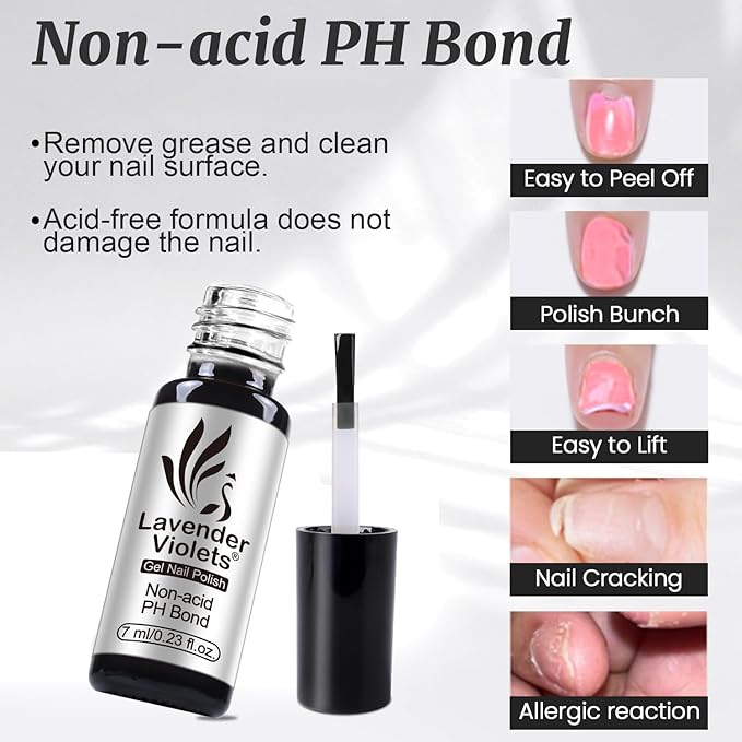 Lavender Violets 6pcs Gel Base and Top Coat Set - Blooming Gel, Glow in the Dark Top Coat, Glossy & Matte Coats, 5 in 1 Builder Base, Non-Acid PH Bond Clear Nail Polish Kit for Manicure C201