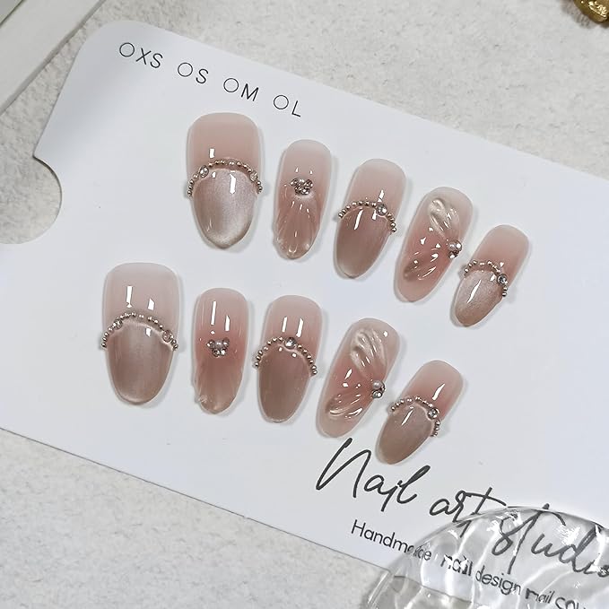 Mermaid Cat Eye Press on Nails 10Pcs Kit,Medium Almond Nude Pink Fake Nails with 3D Wave Shell, Chain Rhinestone French Tips Spring Summer False Nails,Handmade Glue on Nails Luxury Design(M)