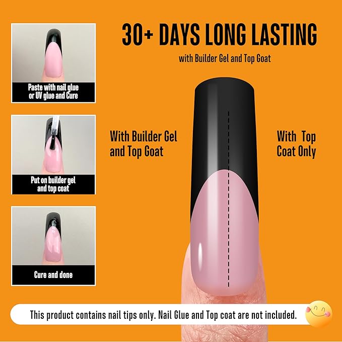 NOVO OVO Halloween Black XXL Curved Square French Tip Nail Tips Press on BERRY PINK, Full Cover Extra Thick Long XL Acrylic Hawk Curve Fake Extension Kit, Need Top Coat for Salon DIY 12 Sizes 144 pcs