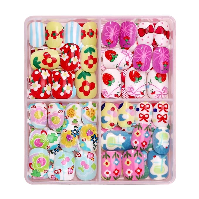 96Pcs 4 Packs Cute Short Press on Nails for Girls 4 Styles 12 Sizes Press on Nails for Kids Press ons with Flower Fruit Food Bow Designs Full Cover Acrylic Nails for Little Girl Gift DIY Manicure
