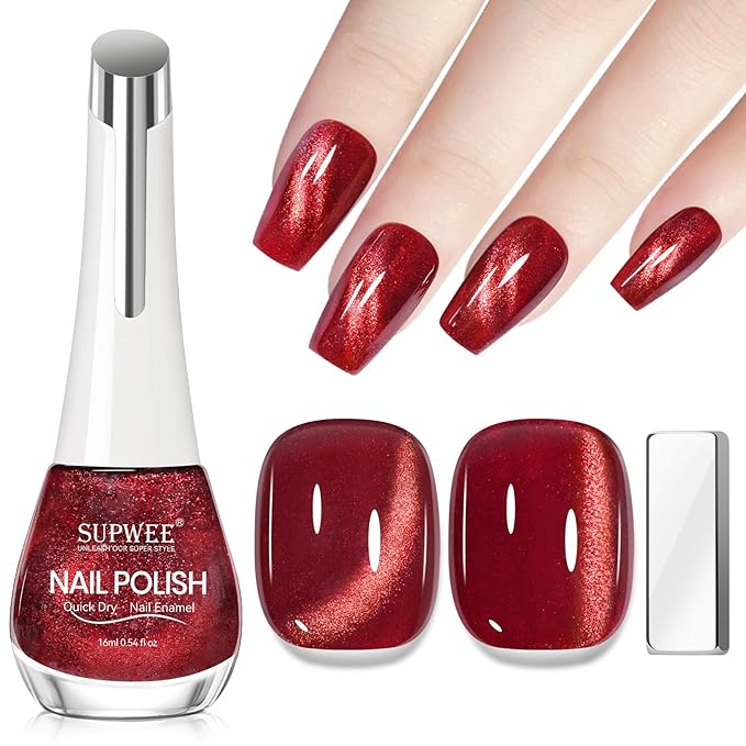 Burgundy Cat Eye Nail Polish Non Gel, Quick Dry Magnetic Nail Polish for Fingernail Air Drying Fast Lacquer, Chip Resistant, Vegan, Fast Drying, Long Lasting16ml/0.54fl oz