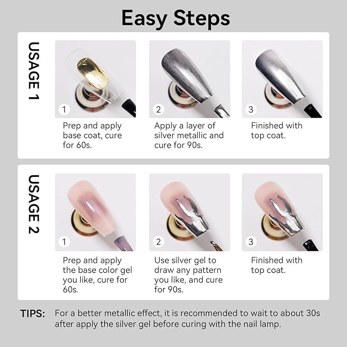MIZHSE Metallic Silver Gel Polish, Chrome Gel Polish Mirror Painting Drawing Gel for Nail Art Glossy Mirror Effect Soak Off U V LED Gel for Nail Salon Home DIY Manicure