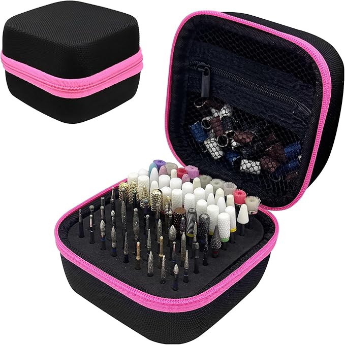 81 Holes Nail Drill Bit Holder (ONLY CASE),Dustproof Portable Organizer Storage Bag with Large Mesh Pocket & High Density Foam to Avoid Slipping & Scratches, Nail Bits Professional Manicure Tools,Pink