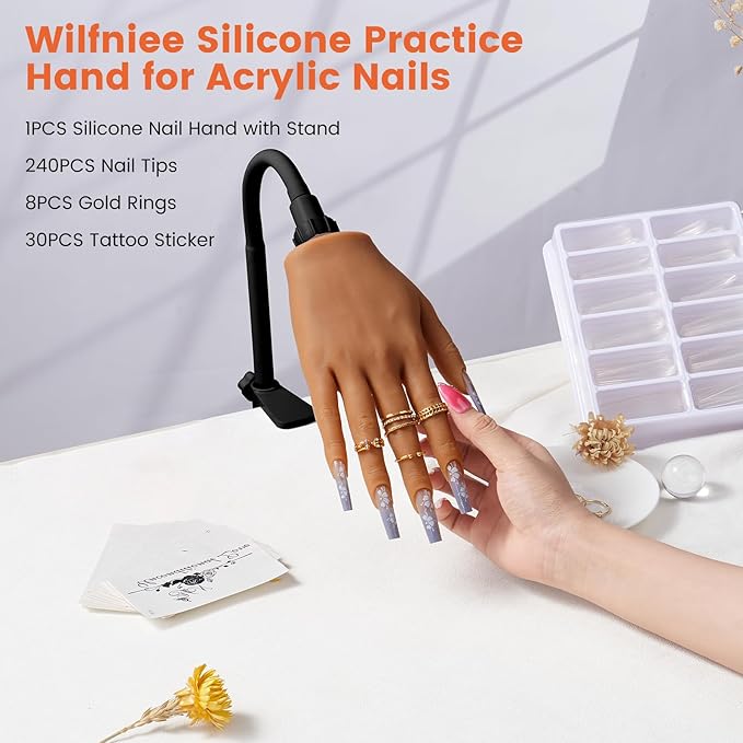 Practice Hand for Acrylic Nails: Silicone Nail Hand Practice with Gold Rings - Flexible Fake Hand Mannequin Nail Hand Kit for Beginners (Brown)