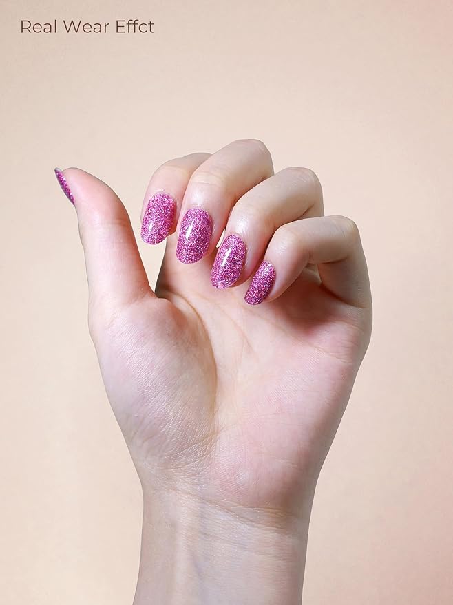 Pre Cured Gel Nail Strips - 44PCS Salon Quality Gel Nail Stickers - Long Lasting Polish Wraps for Women no UV Light Needed Easy Apply & Remove (Neon Pink)