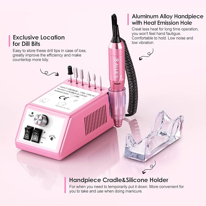 Professional Nail Drill Machine 20000 RPM Efile Electric Nail Filer Kit for Finger Toe Nails, Acrylic Gel Nails, Manicure Pedicure Drill with 6Pcs Nail Bits, 106Pcs Sanding Bands - Pink