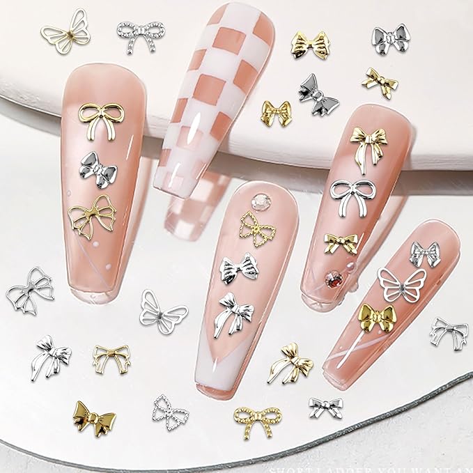 Gold Silver 3D Nail Charms, 2Boxes 24Grids Bow Star Nail Gems Nail Studs,Punk Metal Alloy Rivet Stickers Bowknot Nail Art Decorations Accessories for Nail Art Design DIY Crafts (Gold Silver C)