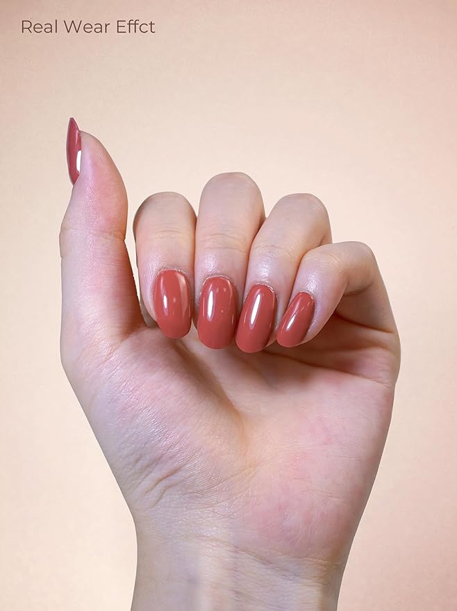 Real Gel Nail Strips (No UV Light Needed) - 44Pcs Salon Quality Nail Stickers - Long Lasting Polish Wraps for Women, Easy Apply & Remove (Oxblood Brown）