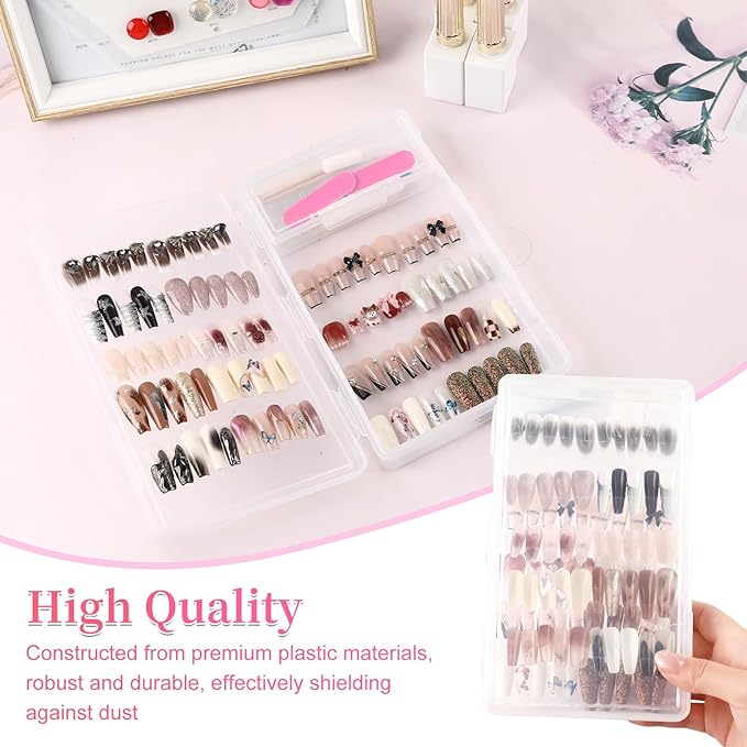 BQAN Press on Nails Storage Box，Clear Press on Nails Packaging Set with 2pcs Double-sided Adhesive Tape and Small Nail Tool Container, Nail Organizer & Display Storage Box