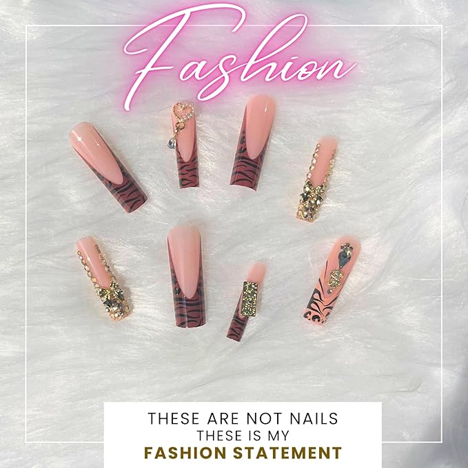 XL Junk Nails Press On – 24Pcs Gold Charm False Nails, French Tip Long Coffin Shape DIY Fake Nails for Women, Bling Rhinestones Nail Kit for Baddie Nail Look (Designs, long pink)