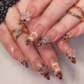 MISUD Press on Nails - Long Stiletto Fake Nails with Brown Leopard, Acrylic Bear Flower Design 24 pcs