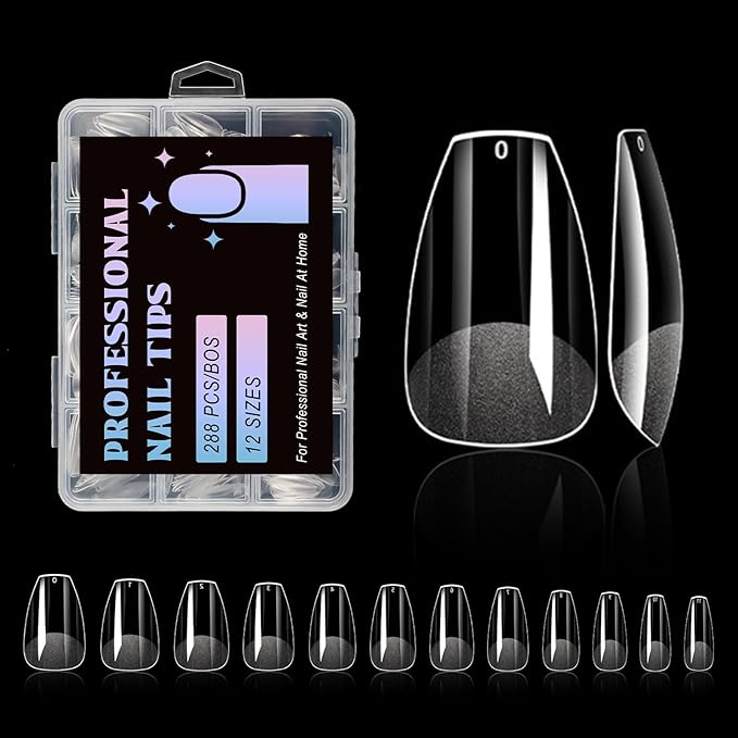 Lsnisni Fake Nail Tips, 288PC Gel Acrylic Nail Tips, Clear Short Ballet Short Press On Nails, Nail Supplies Suitable for Women or Girls to DIY Nails 12 Sizes For Your Choice!