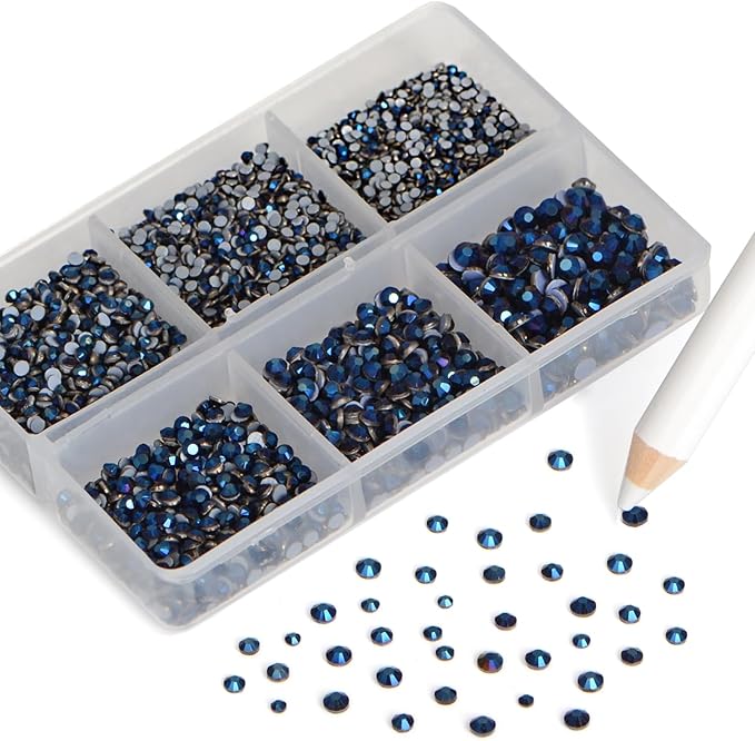 NCB Hotfix Iron on 8000pcs Crystal Rhinestones Round Gem for Crafts Decoration DIY Jewelry Making with a Picking Pen (Mine Blue, 6Sizes SS3-SS12)