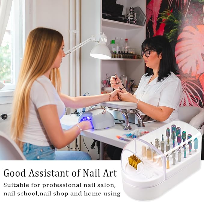 Nail Drill Bits Holder 2 in 1 Nail Drill Bits Cleaning Brush Case, 30 Holes Dustproof Acrylic Nail Drill Holder Storage Box, Nail Drill Bit Holder Stand Displayer Organizer for Home Salon Use (White)