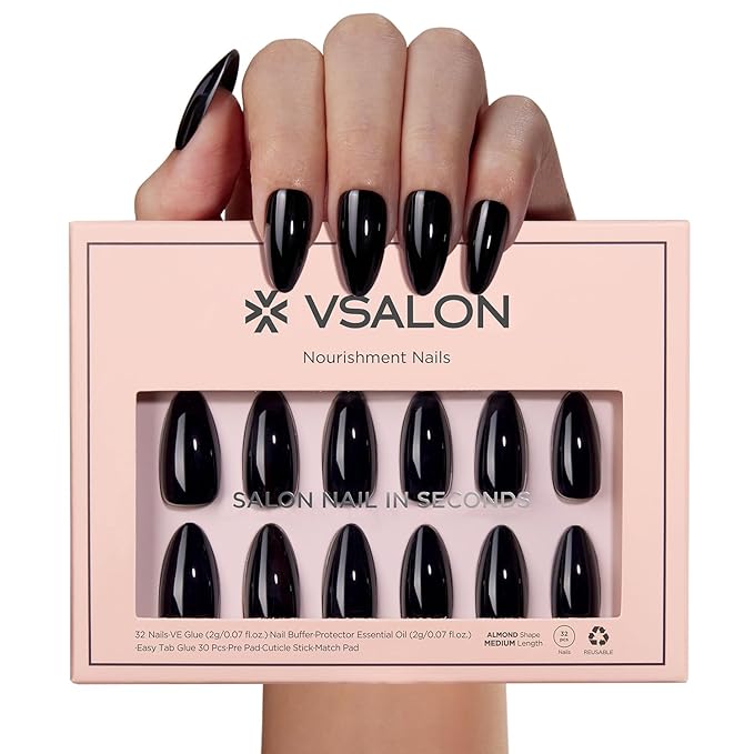VSALON Press on Nails Medium Almond - Glossy Black Nails for Women, Reusable Solid Opaque Gel Salon Quality Fake Nails with Glue & Cuticle Oil - 32 PCS Glue On Nails in 16 Sizes