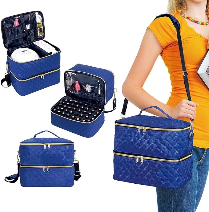 Nail Polish Organizer Case Holds 40 Bottles(15ml/0.5fl.oz) and Nail Lamp, Double Layer Nail Polish Storage with Adjustable Dividers,Portable Carrying Bag for Nail Kit, Manicure Tools Blue
