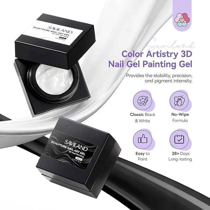 SAVILAND 3D Sculpture Nail Gel Set: Black & White No-Wipe Creamy 3D Sculpting Painting Gel for Micro Embossed 3D Nail Art Molding Florals Lines Patterns & French Tips Design Home DIY Salon Manicures