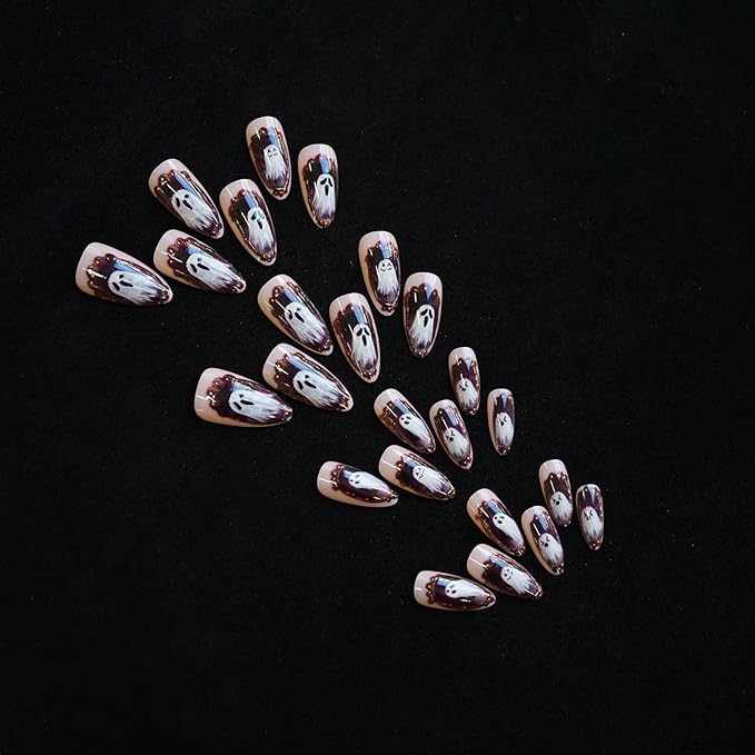 Halloween Almond Press on Nails, Glossy False Nail, Reusable Fake Nail with Magic Mirror Ghost Design, Full Cover Acrylic Nails Halloween Stick on Nails for Women DIY Manicure 24 Pcs