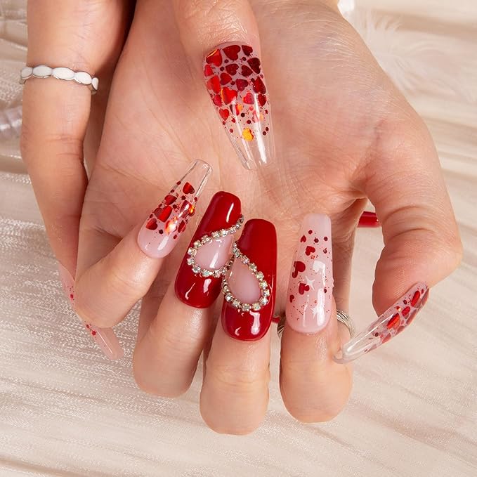 LOVFUL Press on Nails Valentine's Day Exclusive | Handmade with Full Covered Crystals | Reusable Full Cover Nails | Coffin Classic Regular 1.3 in | H154-M
