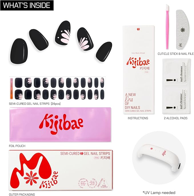 Semi Cured Gel Polish Strips | 24pc UV LED Required Wraps | Gift Peel and Stick Nails | Coquette DIY Home Manicure | Press On Alternative (Midnight Butterfly)