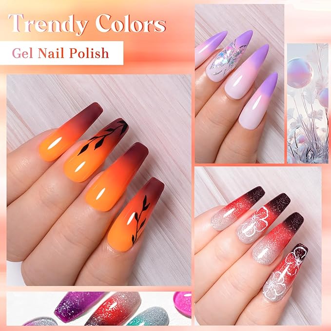 MEET ACROSS Color Changing Gel Nail Polish Set, 12 Temperature Mood Changing Colors Pink Orange Purple, Soak Off UV Light Cure Gel Polish for Salon and Nail Art DIY at Home