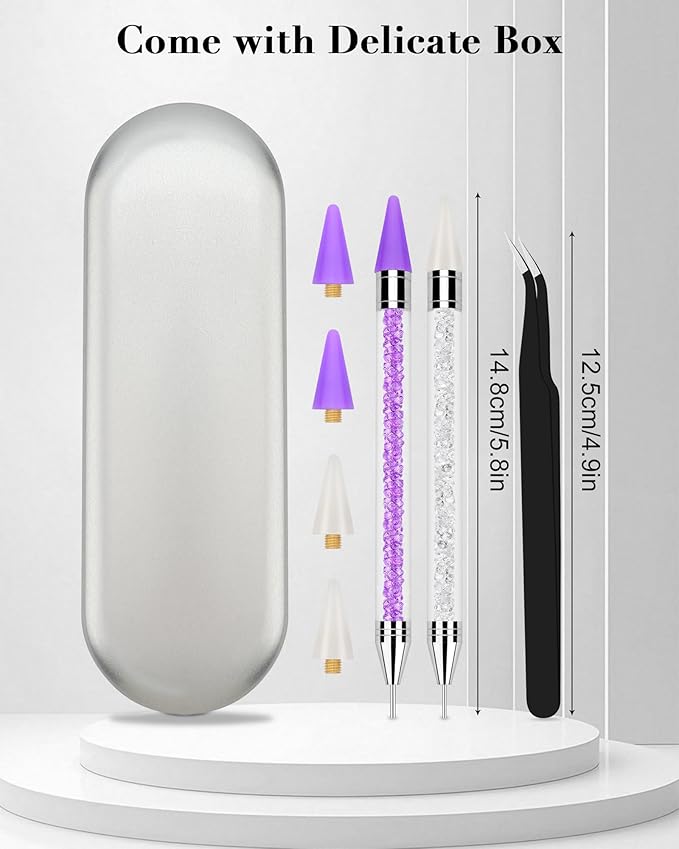 Rhinestone Picker Tool, 2 Rhinestone Tool Dual-Ended Wax Pen with 4PCS Replaceable Wax Tips and 1 Tweezers for DIY Nail Art Tool (Purple & White)