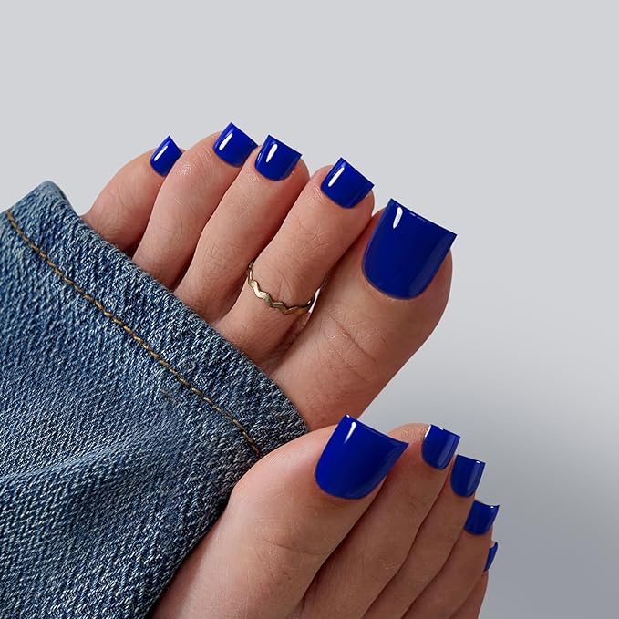 BTArtbox Press On Toenails - Sharp Square Opaque Blue Toe Nail Press Ons with Glue for Women, Fake Toe Nail Tips in 15 Sizes - 30 Toenails Kit, Naval Forces