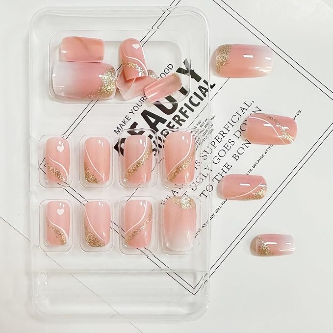 Press on Nails Medium Square Fake Nails Gold Glitter False Nails with Design Heart Curve Glue on Nails Gradient Pink Full Cover Acrylic Stick on Nail Reusable Artificial Nail for Women Manicure 24Pcs