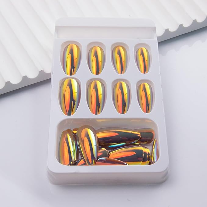 Chrome Press on Nails Almond Fake Nails Metal Mirror False Nails Glossy Medium Acrylic Nail Press ons Full Cover Holographic Shiny Glue on Nails for Women Girls Manicure 24Pcs