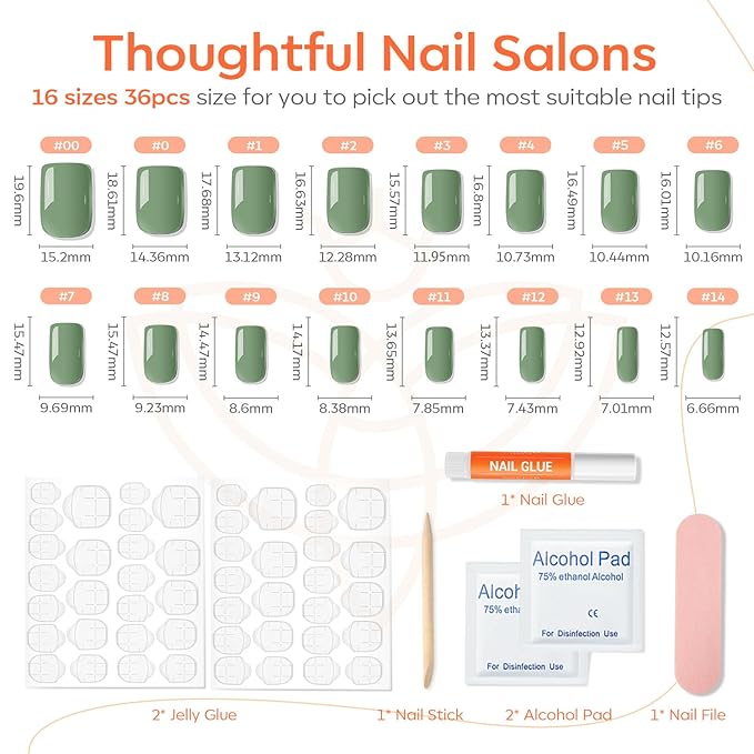 Modelones Green Press on Nails, Spring Short Square Fake Nails, Reusable Nail Kit with Nail Glue Adhesive Tabs Mini Nail File, Nails Press Ons 32Pcs16 Sizes, Women Girl Gift