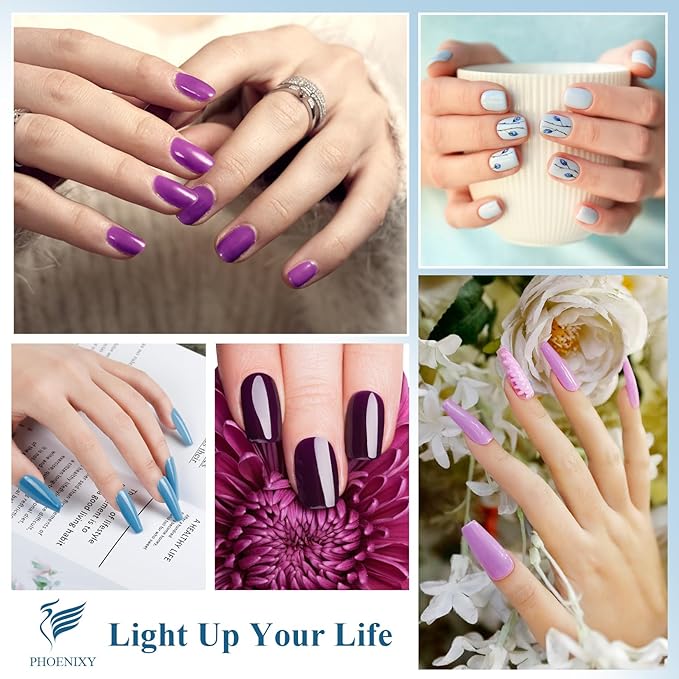 PHOENIXY 24 PCS Gel Nail Polish, Blue Sparkle Colors Gel Polish Set with Base Glossy Matte Top Coat Purple Pink Nail Polish Kit Gifts for Women