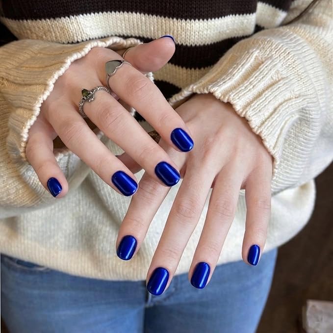 Semi Cured Gel Nail Strips – Real Gel Nail Polish Wraps for Brittle Nails | Long Lasting Easy Peel-Off Removal | Hema-Free | 20-Piece Chrome Dark Blue Salon Sticker Kit with File & Stick