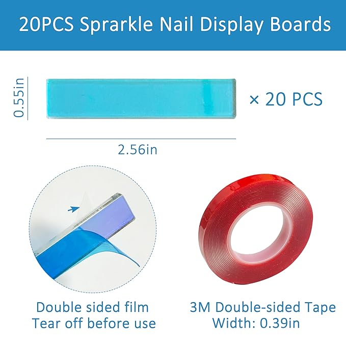 20 Pieces Holographic Nail Display Stand Holder with 9.8ft Double Sided Tape, Sparkle Acrylic False Nail Tips Sample Display, Nail Display Stand Board for Nail Art Salon