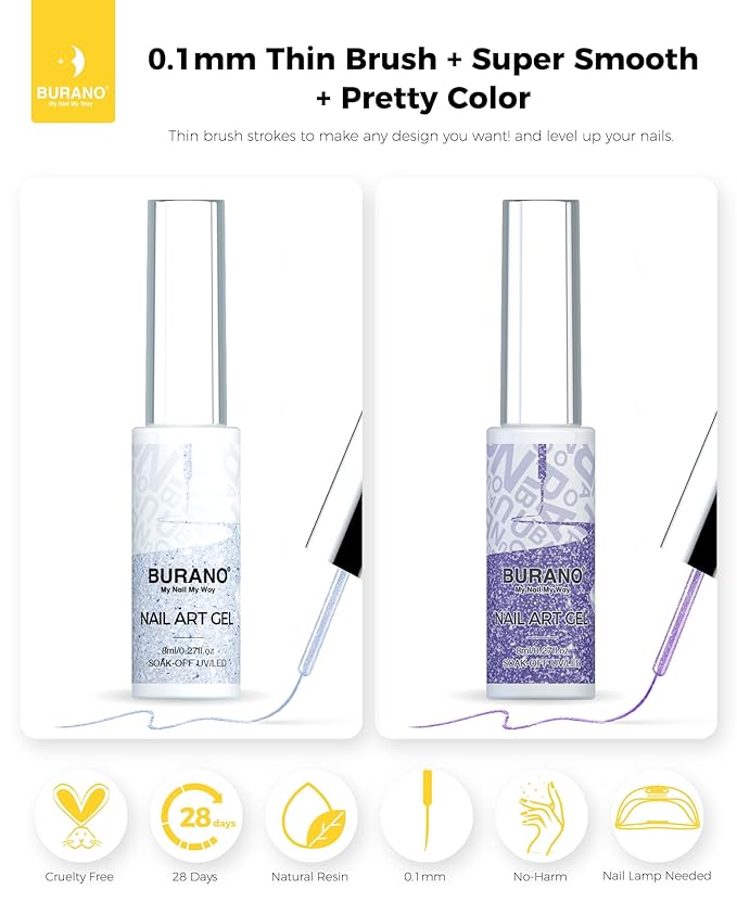 BURANO Gel Nail Polish Liner Nail Art Polish, Silver Gold Painted Gel Nail Design Polish 2 Bottle 8ml, Build in Thin Nail Brush Curing Required LX13 LX16