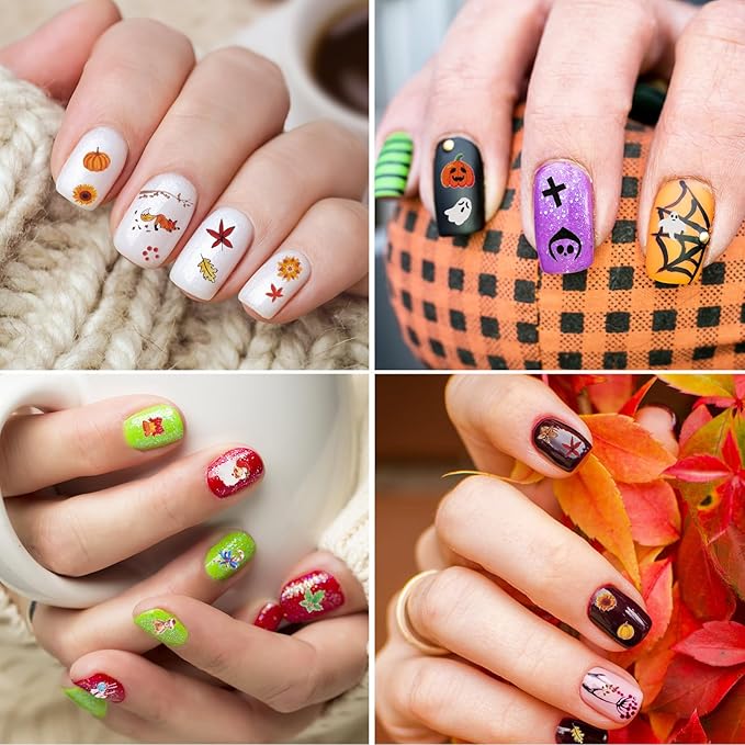 Whaline 18 Sheets Fall Nail Art Stickers Thanksgiving Maple Leaves Pumpkin Nail Stickers Christmas Snowflake Snowman Santa Claus Autumn Self-Adhesive Nail Decals for DIY Manicure Party Decor