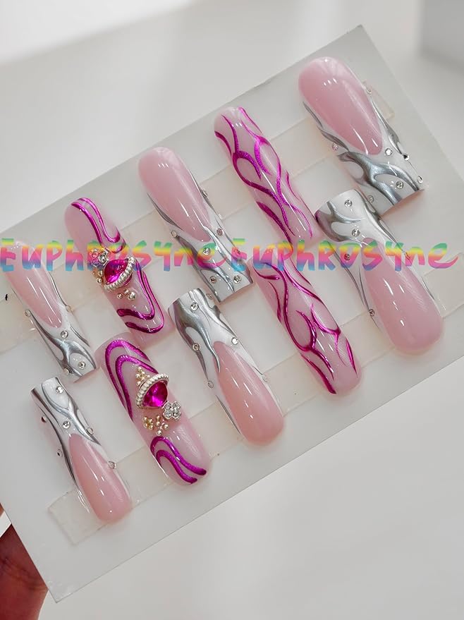 10PCS Pink Marble Press On Nails – Long Coffin Fake Nails with Abstract Swirl Design and Rhinestones, Glossy Reusable Y2K Nails for Women and Girls – Euphrosyne