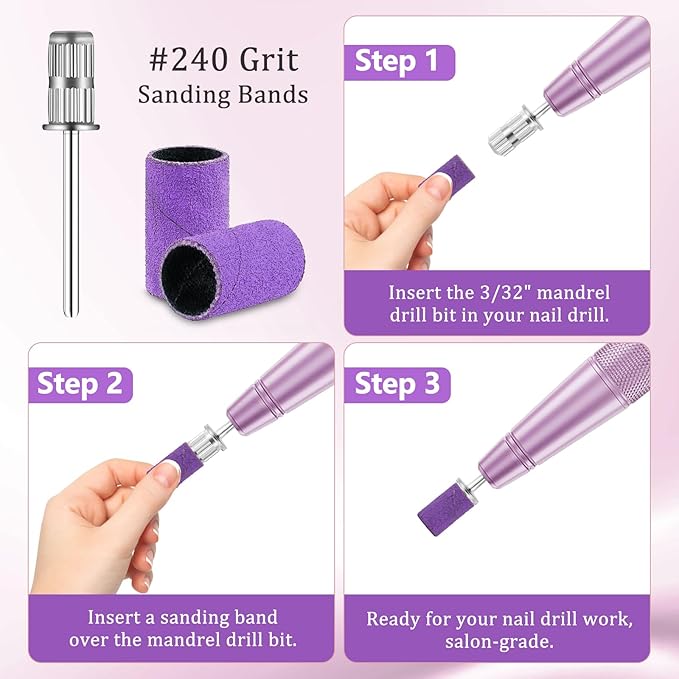 120Pcs Nail Drill Bits Sanding Bands with Nail Drill Bits, Professional Sand Band 240# Fine Grit Nail File Sanding Bands for Acrylic Nails Manicures and Pedicure