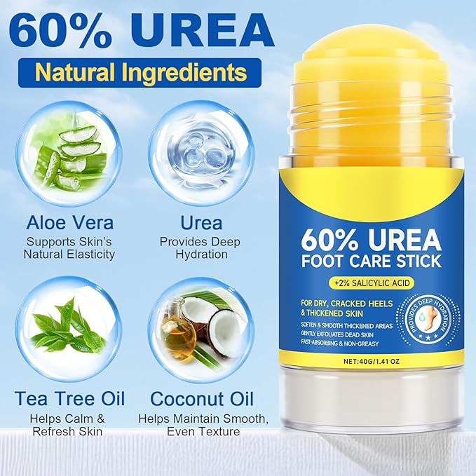 60% Urea Foot Cream Stick with 2% Salicylic Acid, Urea Foot Care Stick & Cream - Moisturizer for Dry, Cracked Skin on Feet, Knees, Elbows & Hands - Hydrates & Repairs Rough Skin 2Pack