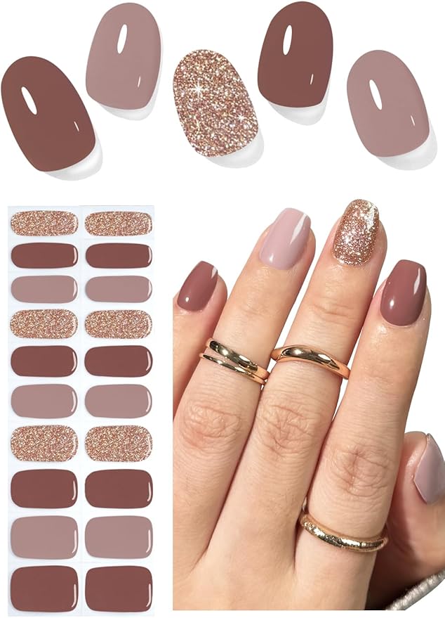 Semi Cured Gel Nail Strips, Camel Glitter 20pcs Adhesive UV Sticker, Wraps for Home Manicure DIY