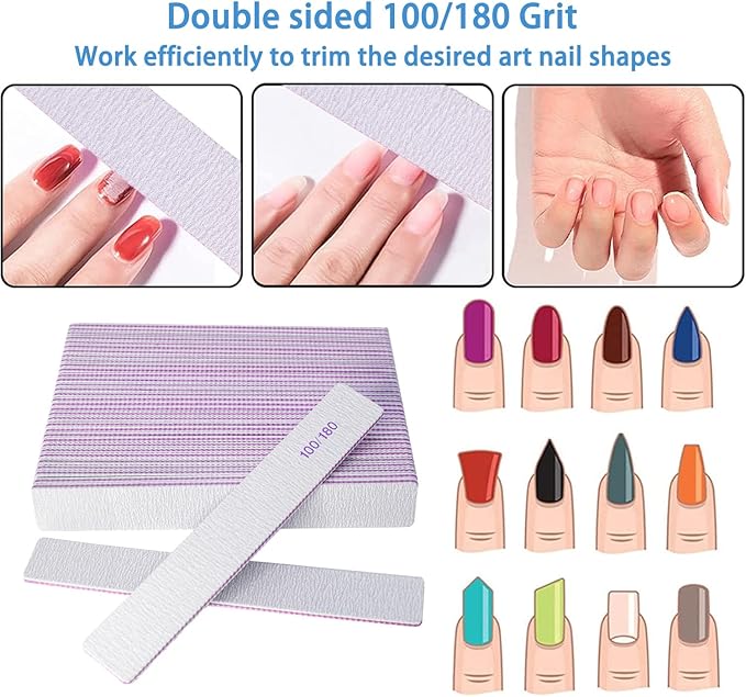 Nail Files (12 Packs), Professional 100/180 Grit Double Sided Emery Boards for Natural Nails Fingernail Toenail File Kit, Heavy Duty Emory Nail Filer Set Limas para Uñas Acrílicas Profesional
