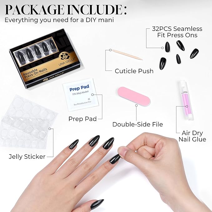UNA GELLA 32Pcs Soft Gel Press on Nails - 16 Sizes Medium Almond Black Glue on Nails, Reusable Glossy Solid Black False Nails, Full Cover Acrylic Nail Kit for Women DIY Home Manicure
