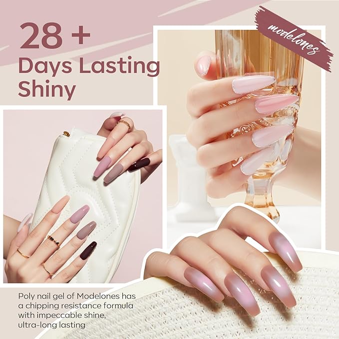 modelones Poly Nail Gel Set - 12 Colors 15g Nude Pink Brown Tone All Seasons Poly Nail Extension Gel Kit Trendy Art Design Professional Salon at Home Holiday Gift for Girl