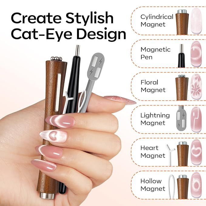 modelones Cat Eye Magnet for Nails, CatEye Magnet Tools Heart&Hole Square Powerful 3-in-1 Magnetic Pen Double Head Lollipop Magnet for Gel Polish Heart French Moon Floral Effect Valentine's 10PCS