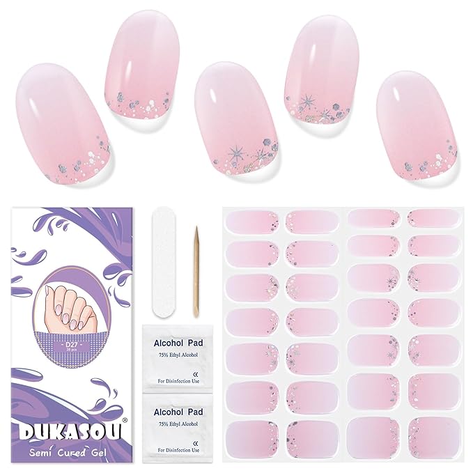 Semi Cured Gel Nail Strips, 28 pcs Gel Nail Stickers Work with Any UV Lights, Long-Lasting Nail Wraps, Stick on Nails for women Easy to Apply & Remove