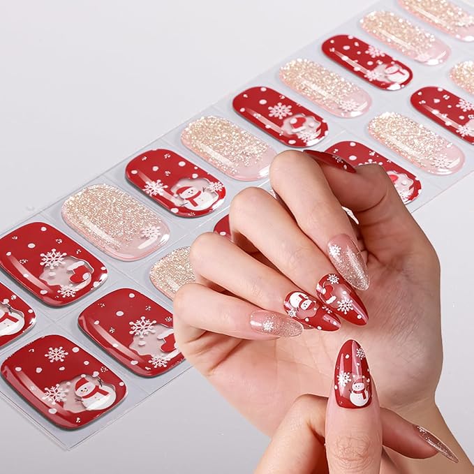 20pcs Christmas Semi Cured Gel Nail Strips - Salon-Grade DIY Wraps with Glaze Texture, Easy Application, UV Light Required for Festive Nails(Red Gold Christmas Snowman Glitter Nails)