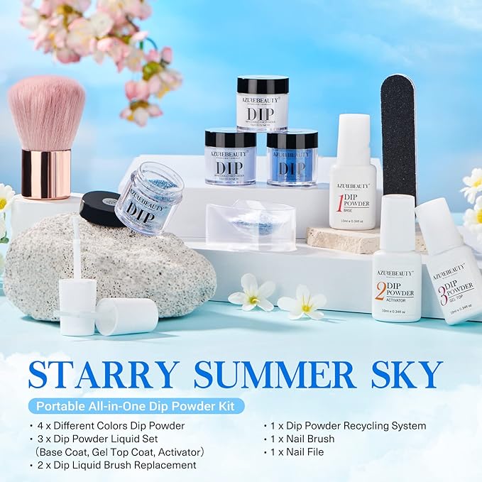 AZUREBEAUTY Dip Powder Nail Kit Winter White Navy Blue Glitter 4 Colors Acrylic Dipping Powder Liquid Set with Base/Top Coat Activator for French Nail Art Manicure DIY Gift for Women