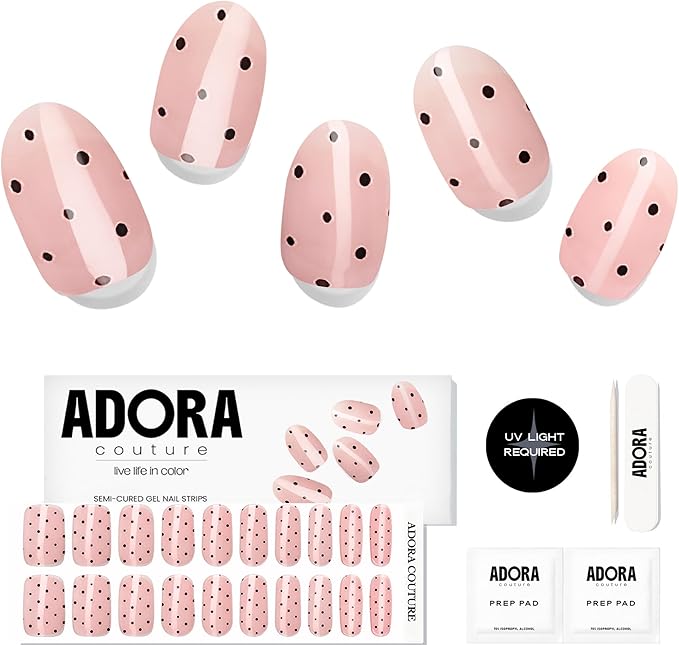 Semi-Cured Gel Nail Strips - 20 Salon-Quality Gel Sticker with UV Light Required, Long Lasting, Easy Application & Removal, Includes Prep Pad, Nail File, Wooden Stick – Darling Dots