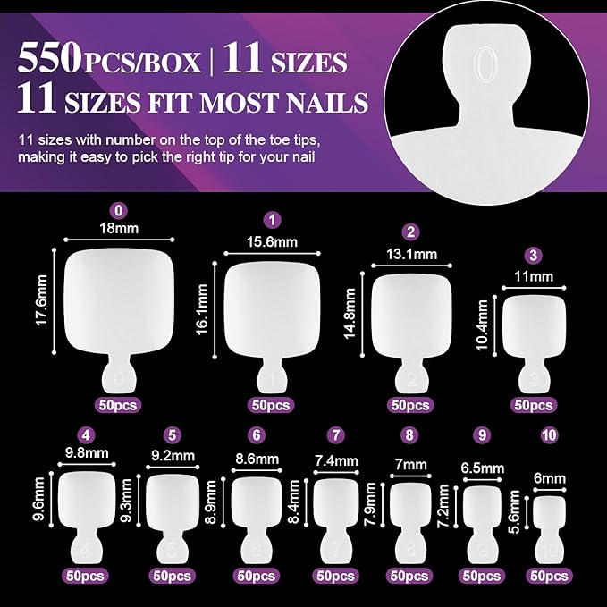 AIMEILI Fake Toenail Tips - 550pcs 10 Sizes White Full Cover Toe Art Nails Gel Nail Extensions for Foot Manicure Women Nail Salons and DIY