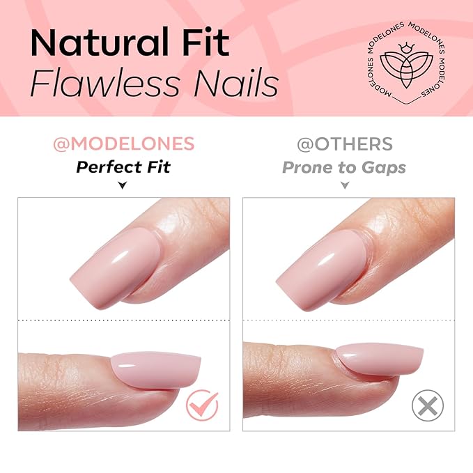 Modelones Whisper Pink Press on Nails, Spring Short Square Fake Nails, Reusable Nail Kit with Nail Glue Adhesive Tabs Mini Nail File, Nails Press Ons 32Pcs16 Sizes, Women Girl Gift