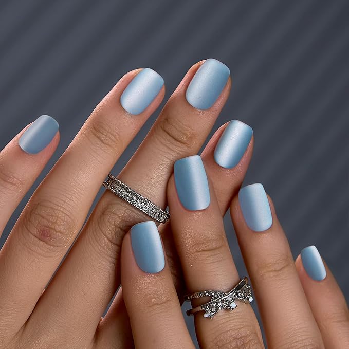 CurvLife Press On Nails Short Square Frost Veil Matte Blue Cat Eye, Soft Gel Fake Nails, Reusable Salon Look Manicure for Women Teens Beginners, 30pcs, Daily Wear Work Party